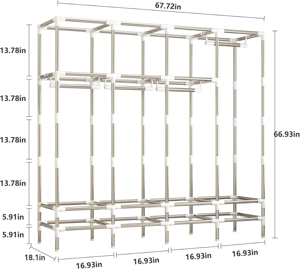 Large Portable Wardrobe with 4 Hanging Rods and Drawers, Armoire, Metal Stora...