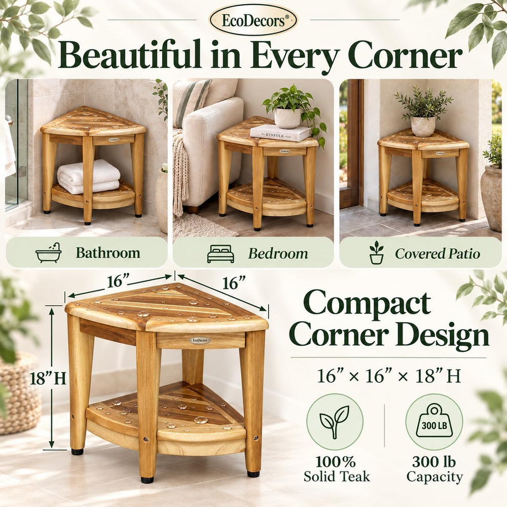 EcoDecors 18’’ Corner Teak Shower Bench, Shower Stool & Foot Rest