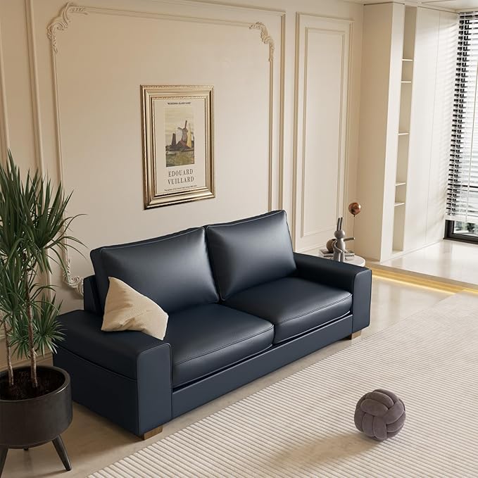 Faux Leather Couch, Mid Century Modern Comfy Loveseat Sofa with Wide Arm, Side Pockets, Solid Wooden Frame for Office, Living Room and Bedroom, 2 Seater (Blue, 71.25 inches)
