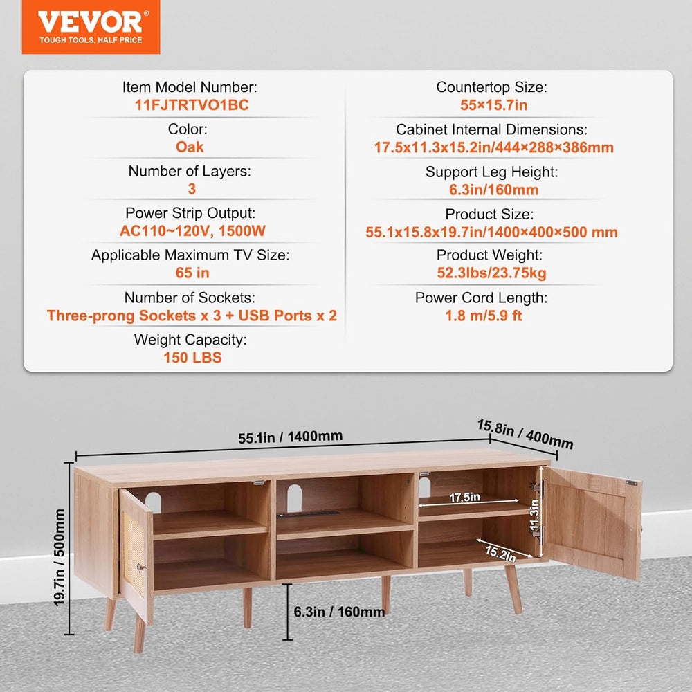 VEVOR Rattan TV Stand, Mid Century Modern TV Stand for 65 inch TV, Boho Ratta...