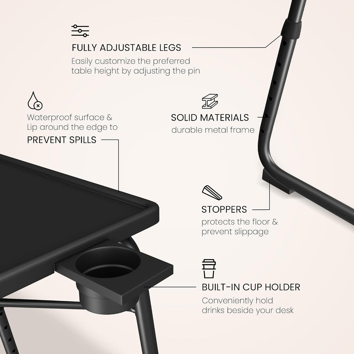 Our Modern Space Adjustable TV Tray Table - 6 Height & 3 Tilt Angle Settings | Multifunctional Foldable Tray Table for Eating Laptop Dinner or Bed Use | Easy to Assemble & Store | Portable Desk