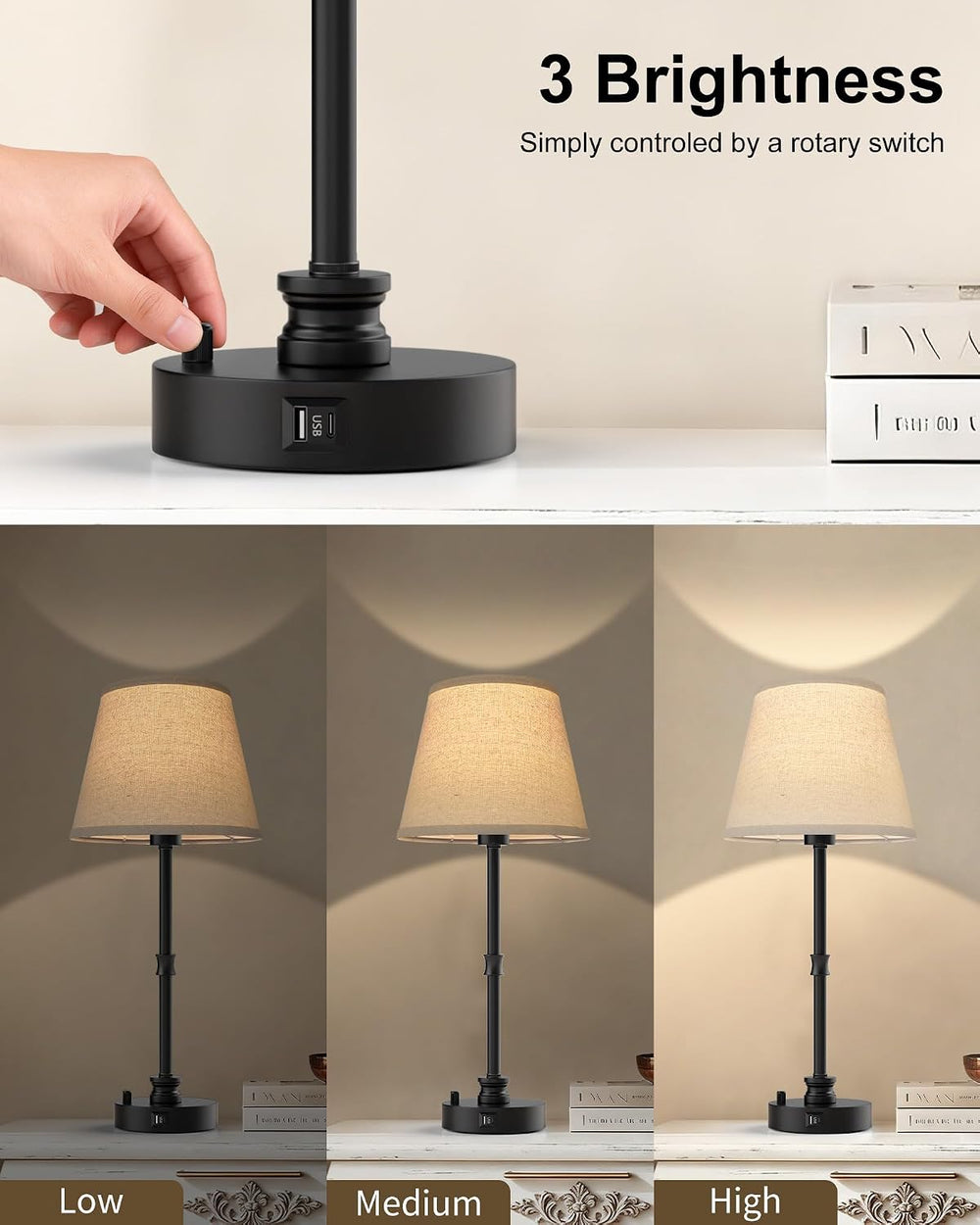 EppieBasic 24" Bedside Table Lamps Set of 2 with 3-Way Rotary Dimming