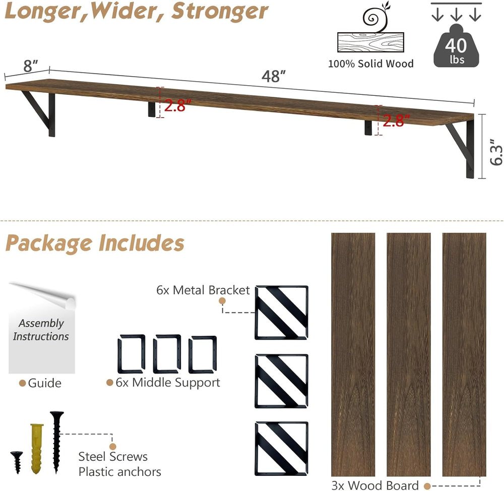 Forbena 48 Inch Floating Shelves for Wall Long, Large Wooden Wall Bookshelf