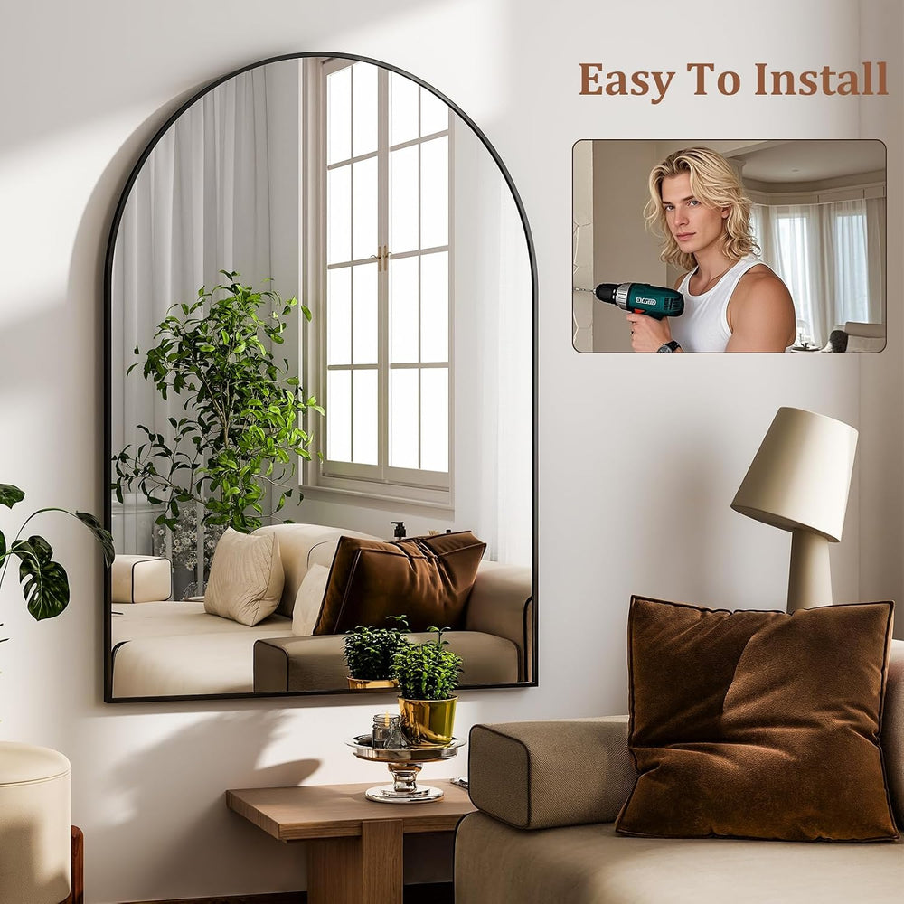 HARRITPURE Arched Wall Mirror 24"x36" Black Metal Frame Vanity Mirrors