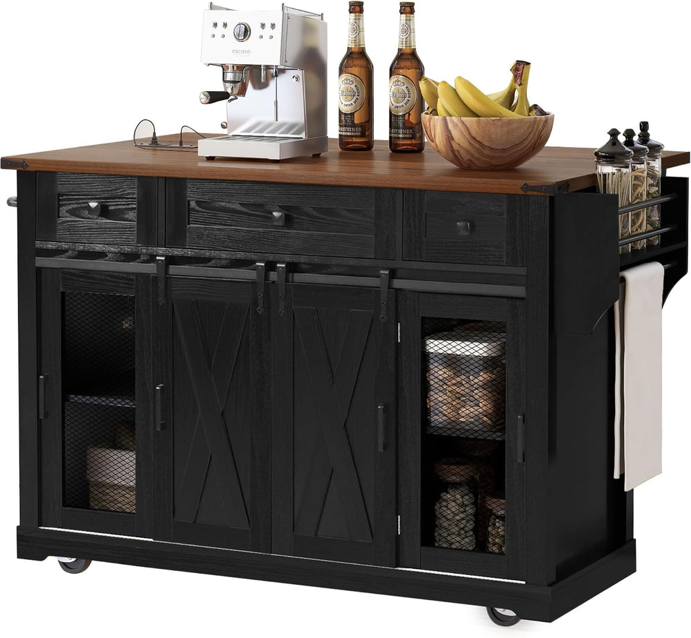 LUMISOL Farmhouse Kitchen Island Cart with Drop Leaf & 3 Drawers, Black