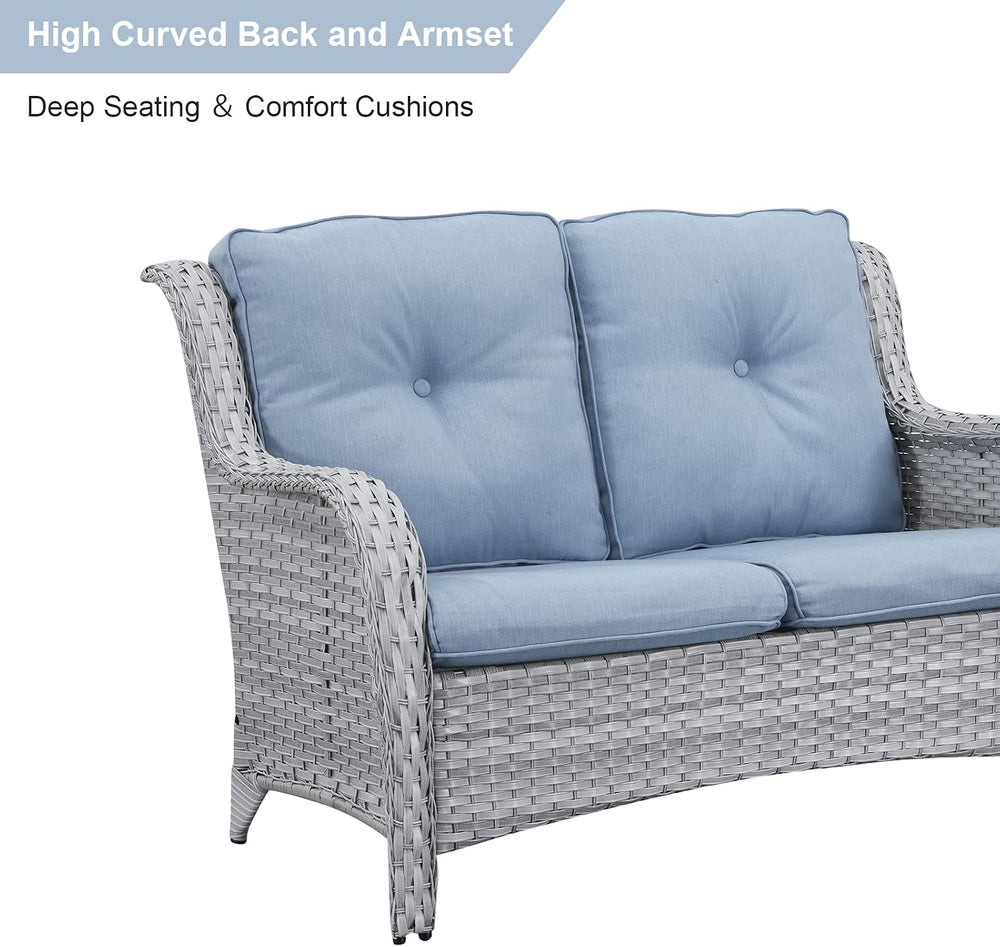 HUMMUH 5 Piece Wicker Patio Set, Loveseat & Swivel Rockers