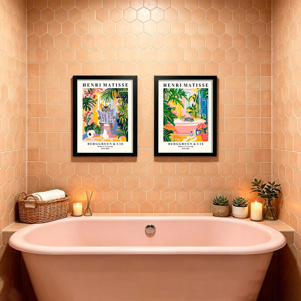 RIGNTSWP Matisse Inspired Cat Wall Art Set of 2 12x16 Inch Canvas Framing