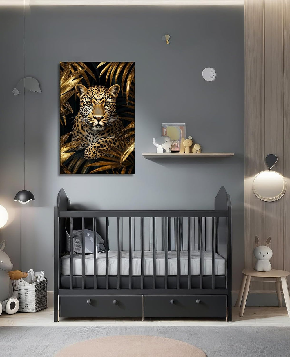 Leopard Canvas Wall Art Gold Leaves Picture Black Poster African Theme Jungle...
