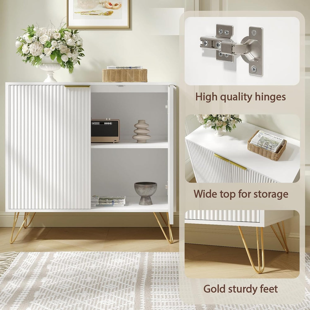 Storage Cabinet with 2 Fluted Doors and Adjustable Shelves, White丨Modern Wood...