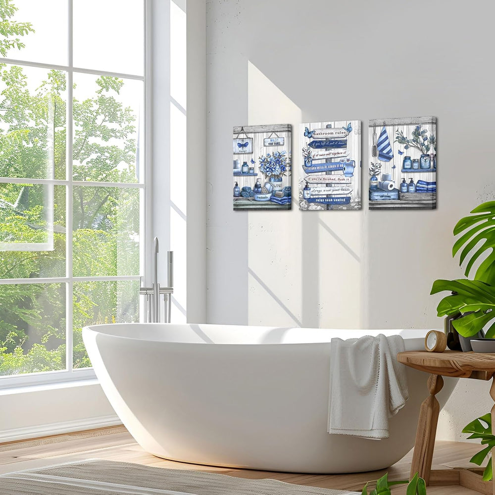 OuElegent Bathroom Wall Art Farmhouse Canvas Navy Blue 12''x16'&#...