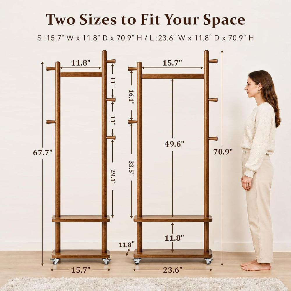 Taitiy Coat Rack Freestanding Solid Wood Clothes Rack with Wheels
