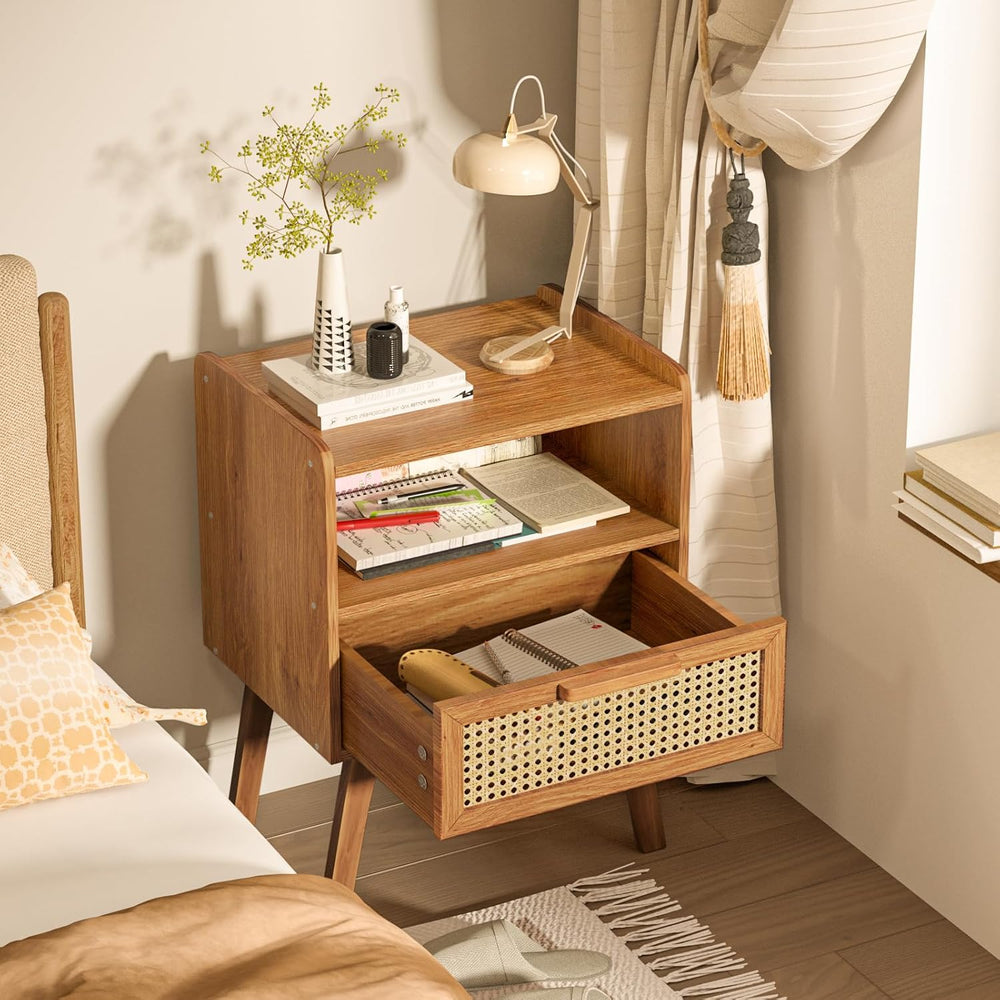 Lerliuo Rattan Nightstand, Side Table with Drawer Open Shelf