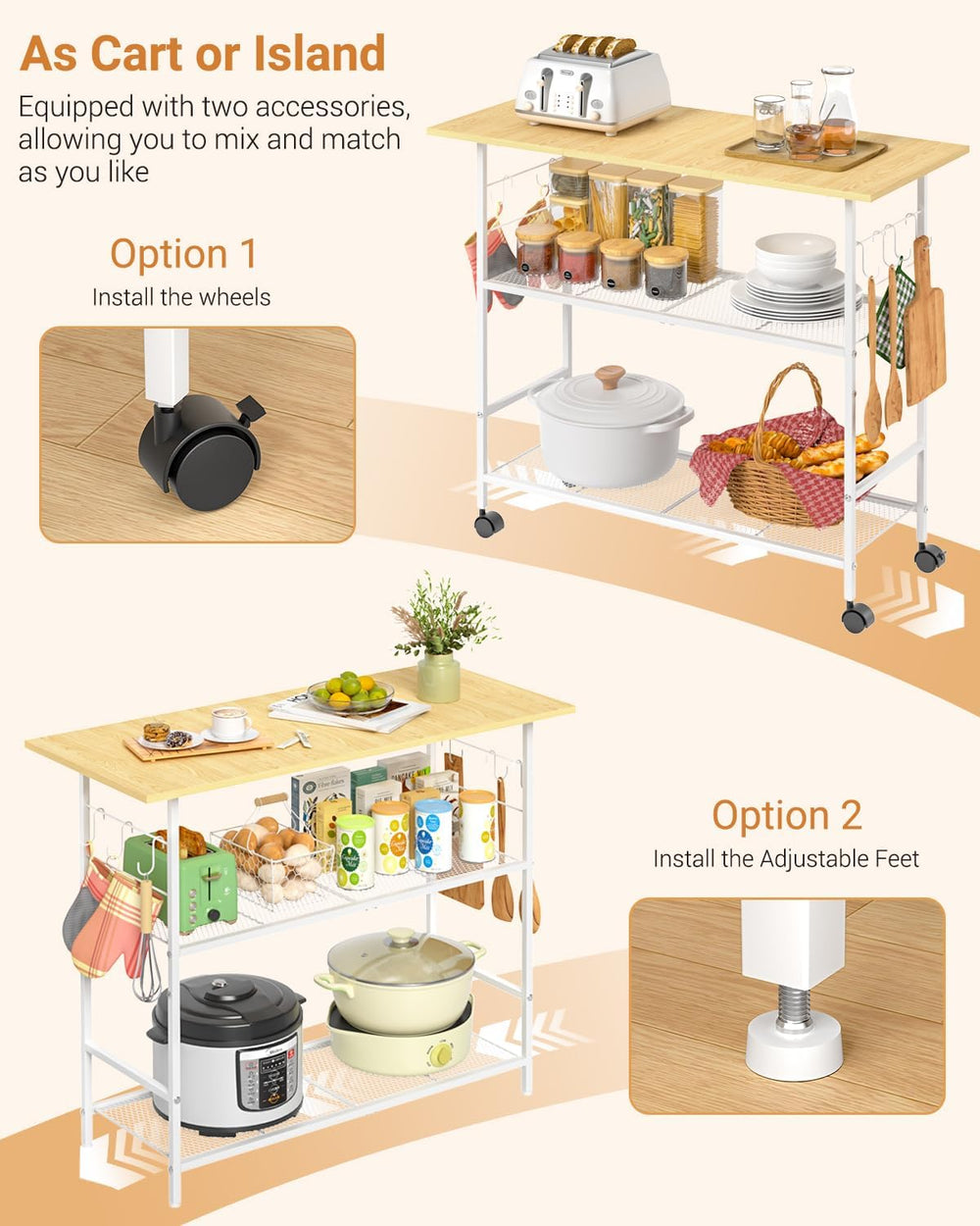 Kitchen Island with 3 Shelves, Rolling Kitchen Cart with 6 Hooks and Protecti...