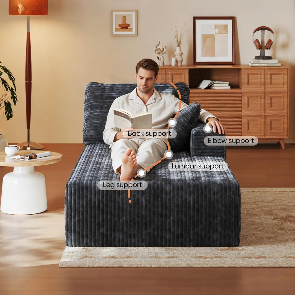 35" Sofa Bed, Boneless Cloud Couch, Rectangular Couch for Living Room, One-Piece Chaise Lounge with Pillows, Flannel Comfy Floor Sofa (Gray, Vertical Right Armrest Facing Chaise)