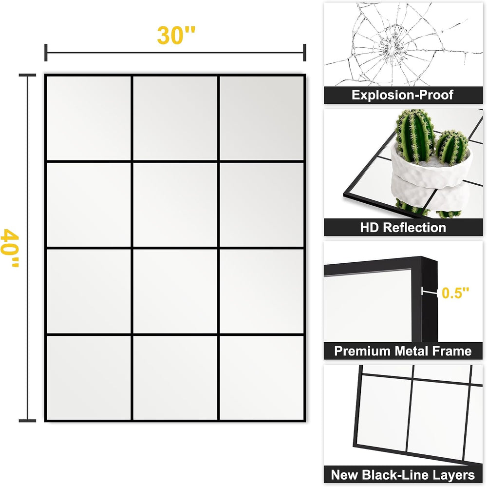 Window Pane Wall Mirror with Metal Frame 40"x30" Black