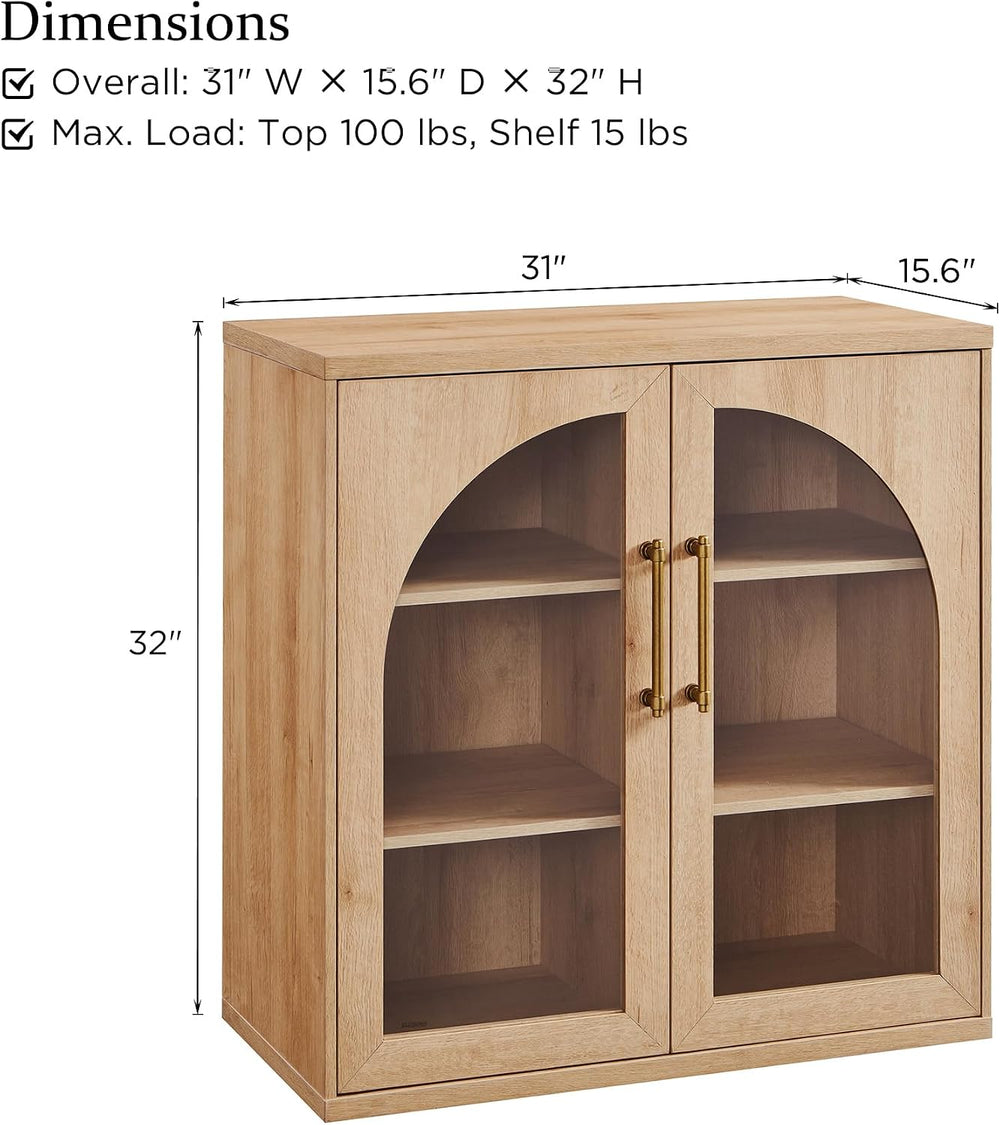 ACCOHOHO Glass Arched Door Sideboard Buffet Cabinet, Natural Oak