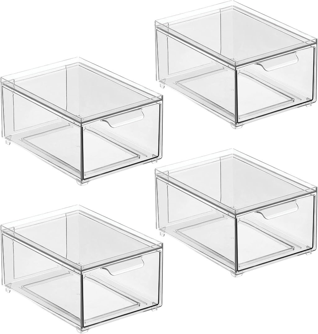 mDesign Plastic Bathroom Organizer Bin w/Pull Out Drawer - Slim Stackable Storage Container for Bathroom Accessories - Perfect for Organizing Bathroom Cabinet - Lumiere Collection - 4 Pack - Clear