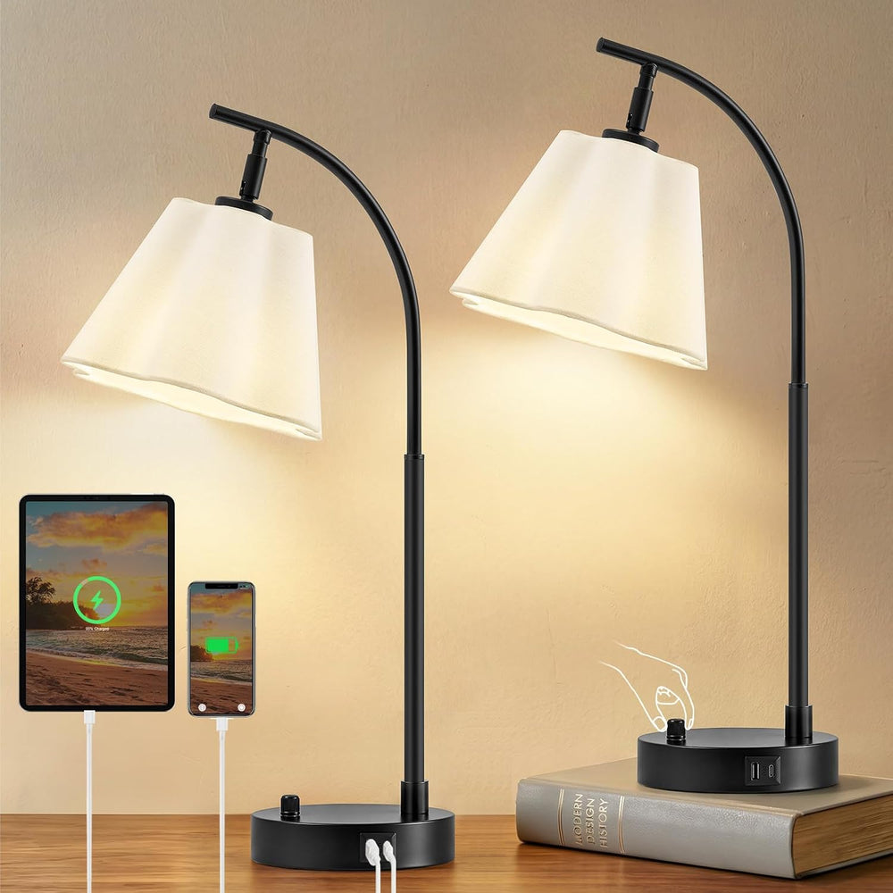 Table Lamps Set of 2, Stepless Dimmable Bedside Lamps with USB A&C Ports