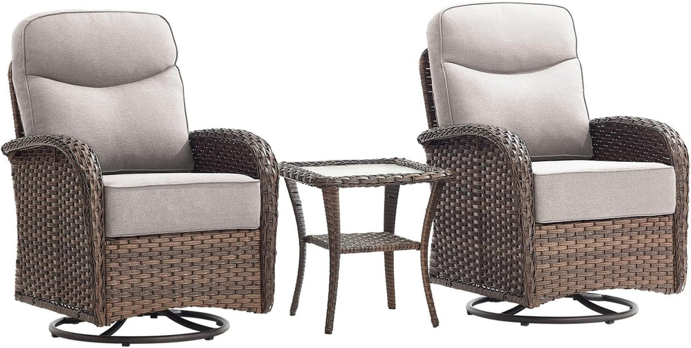 3Pc Patio Furniture Set, Swivel Chairs & Side Table Brown/Gray
