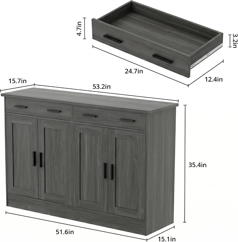 Anystyle 53" Dark Grey Buffet Cabinet with Storage, Kitchen Sideboard Bu...