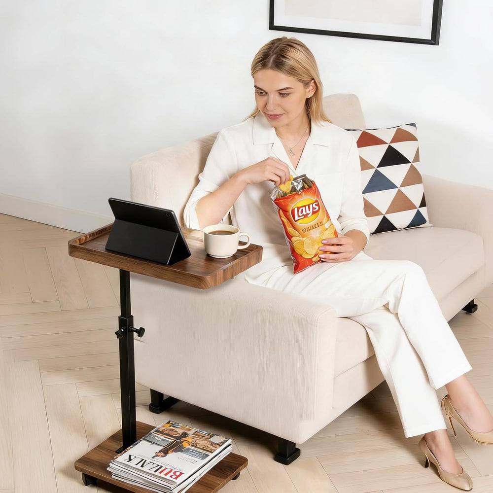 Small Rolling Side Table Adjustable Height, 360°Swivel C Table for Bed