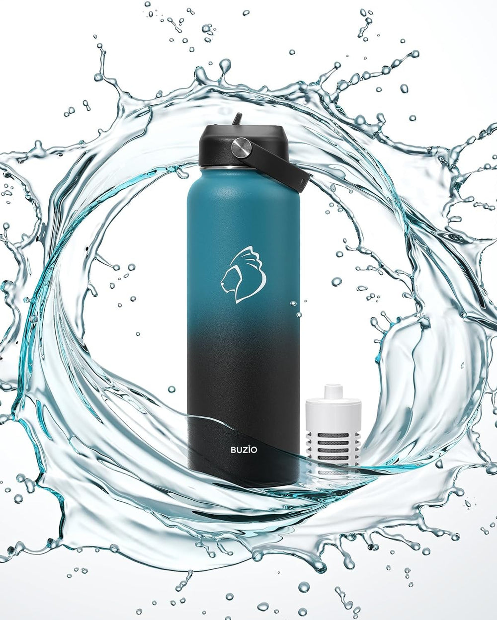 BUZIO Water Bottle Filter Replacement with Straw Lid and Straws