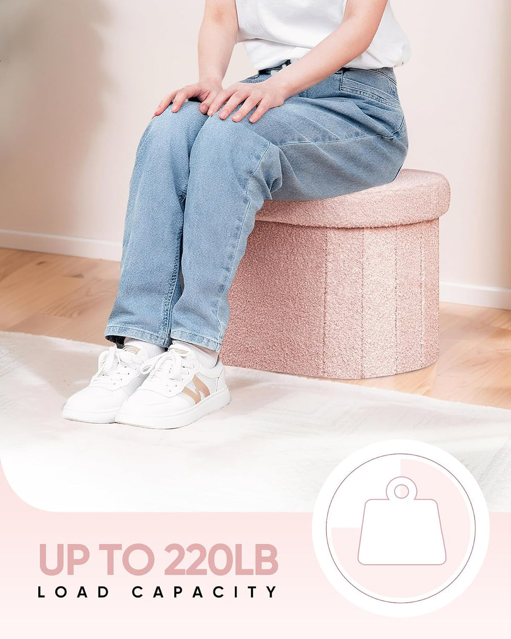 B FSOBEIIALEO 16.14" Boucle Storage Ottoman Cube for Dorm Room, Pink