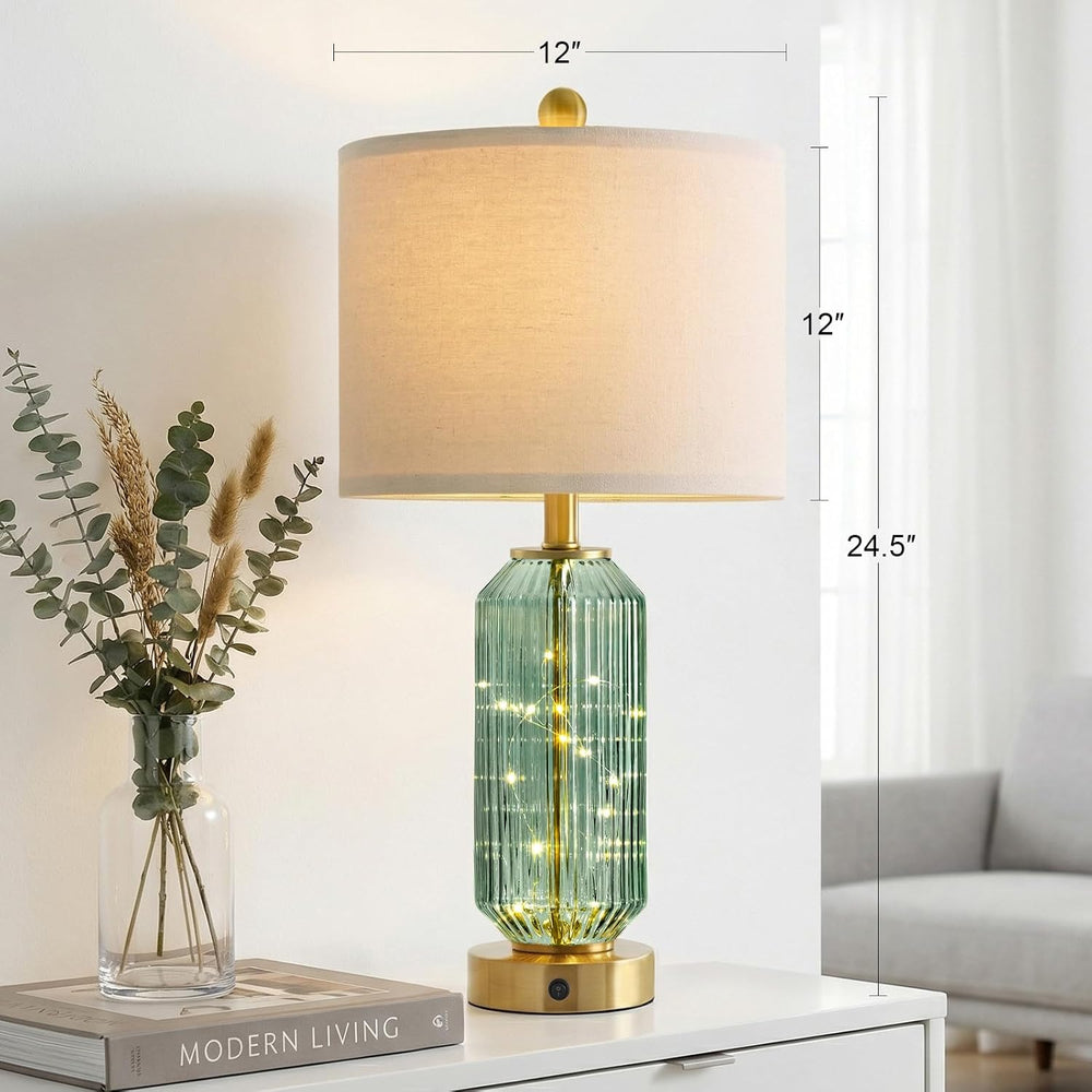 Oneach 24.5" Bedside Table Lamps Set of 2, Green Glass Nightstand Lamps ...