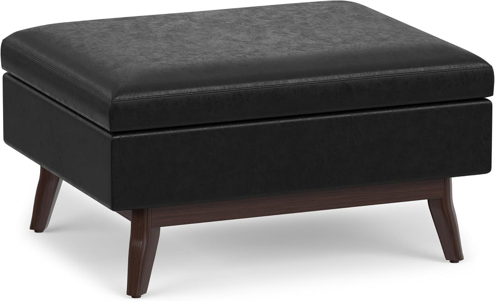 SIMPLIHOME Owen 34" Wide Vegan Leather Rectangle Lift Top Ottoman in Black