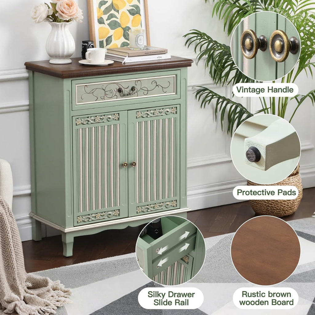 Ahokua Sage Green Accent Cabinet with Drawer and Textured Doors, Farmhouse Storage Cabinet with Adjustable Shelf, French Country Entryway Cabinet for Living Room, Hallway and Dining Room