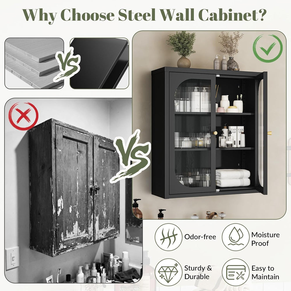 Bathroom Wall Cabinet with Fluted Doors, Fully Enclosed Metal Wall Cabinet