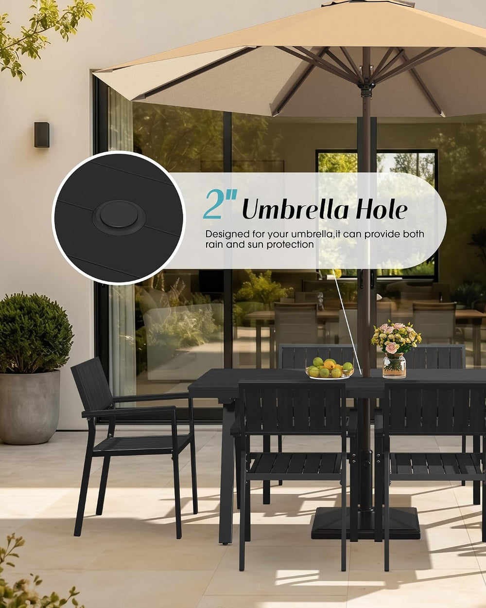 Aluminum Outdoor Dining Set of 6, Patio Table and Stackable Chairs, Black