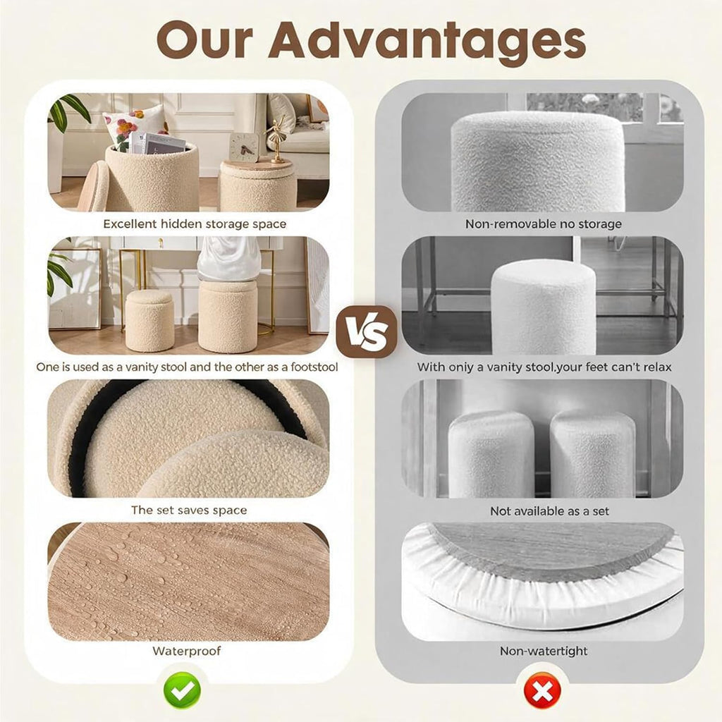 YYW HOME Round Storage Ottoman for Living Room, Beige Ottoman Set of 2