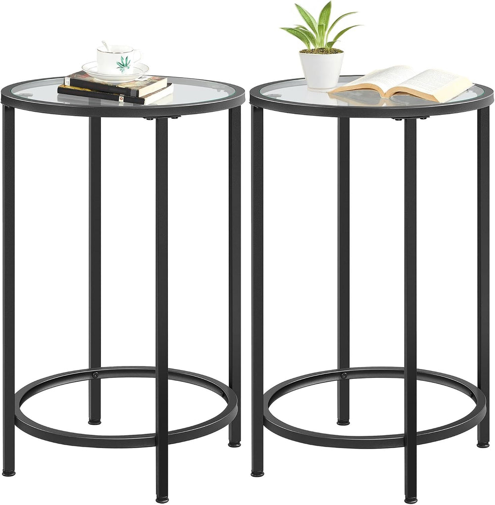 Yaheetech 16'' Round Glass End Tables Set of 2, Black Metal Open-Fram...