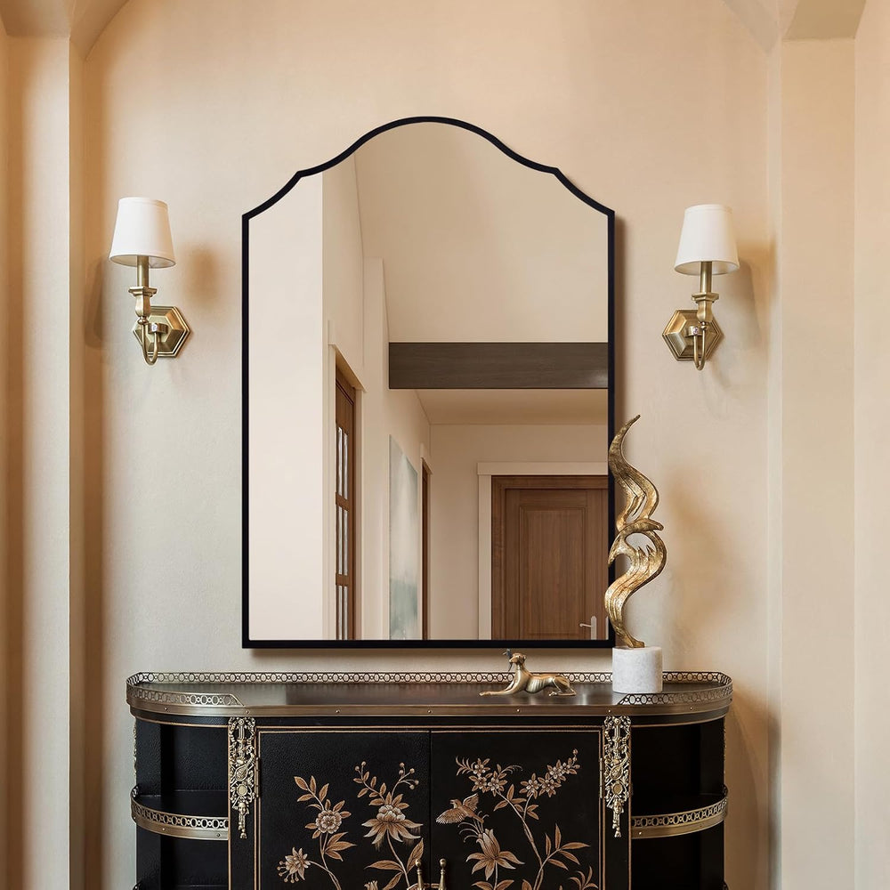 Black Scalloped Arched Wall Mirror for Bathroom, 36"x24"