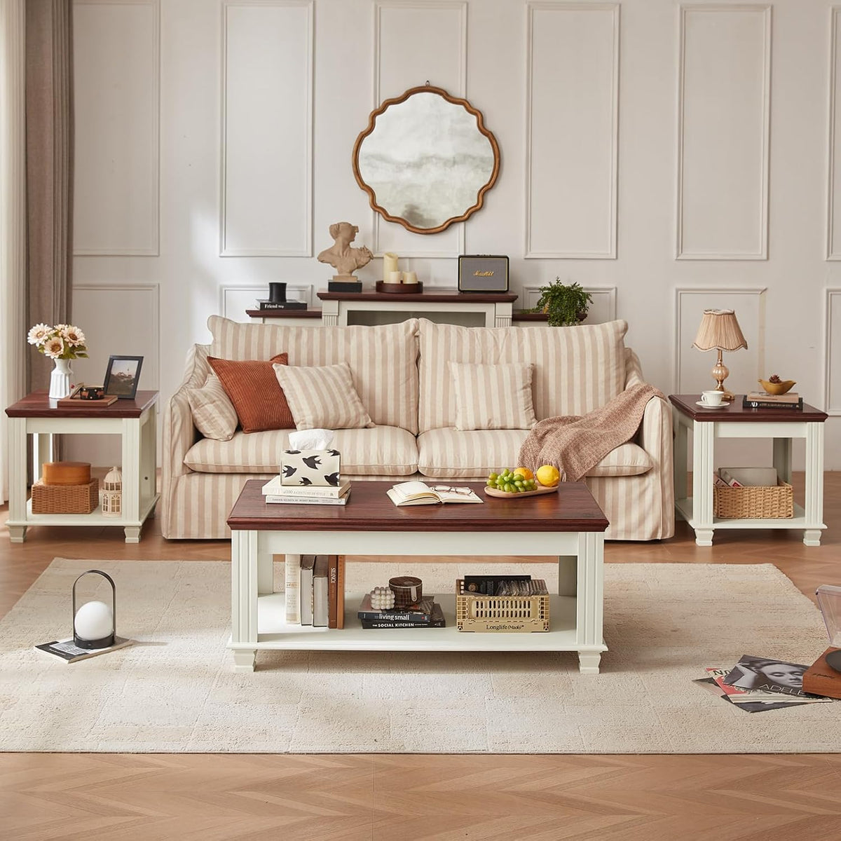 SAVOR LIFE Farmhouse Coffee Table Set of 3, White | Rustic Wood 3 Piece Coffee and End Table Sets with Open Shelf for Living Room