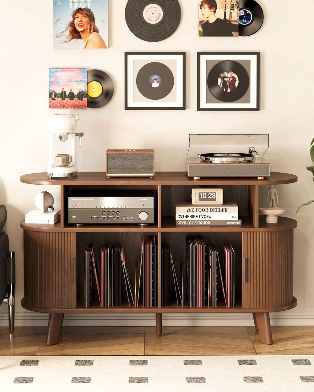 Large Record Player Stand with Sliding Doors, Fluted Media TV Stand