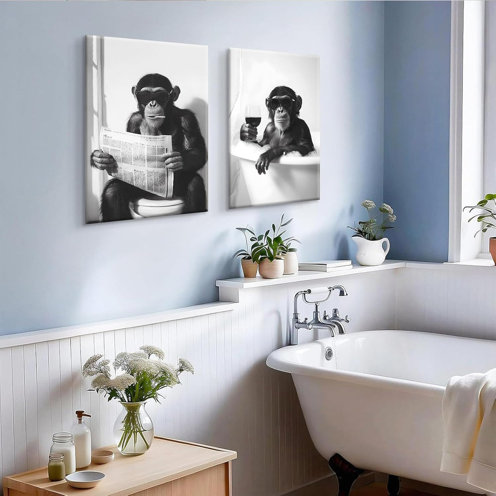 2Pcs Funny Monkey Bathroom Wall Art Chimpanzee in Bathtub Wall Decor Black an...