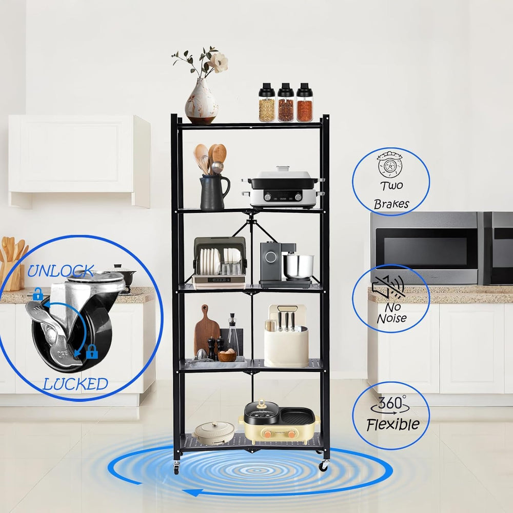 Storage Shelves with Wheels, 5 Tier Metal Collapsible Shelving Unit, Heavy Du...