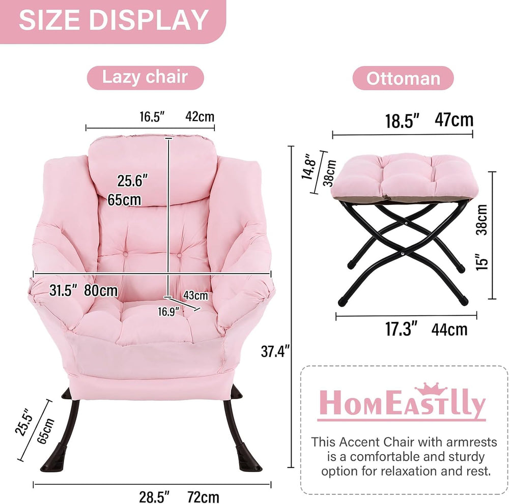 Lazy Chair with Ottoman, Soft Comfy Chair for Bedroom, Pink