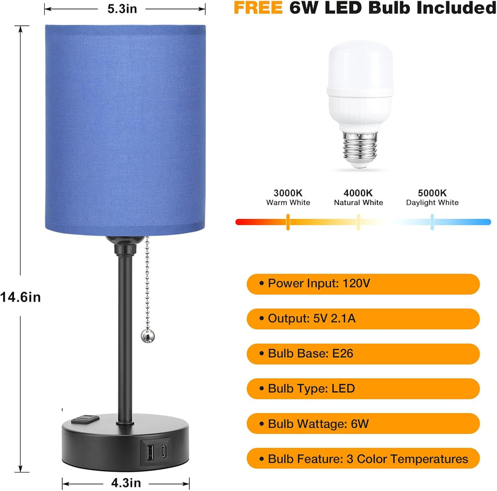 Small Bedside Table Lamp for Bedroom - Desk Lamp with USB Ports for Dorm