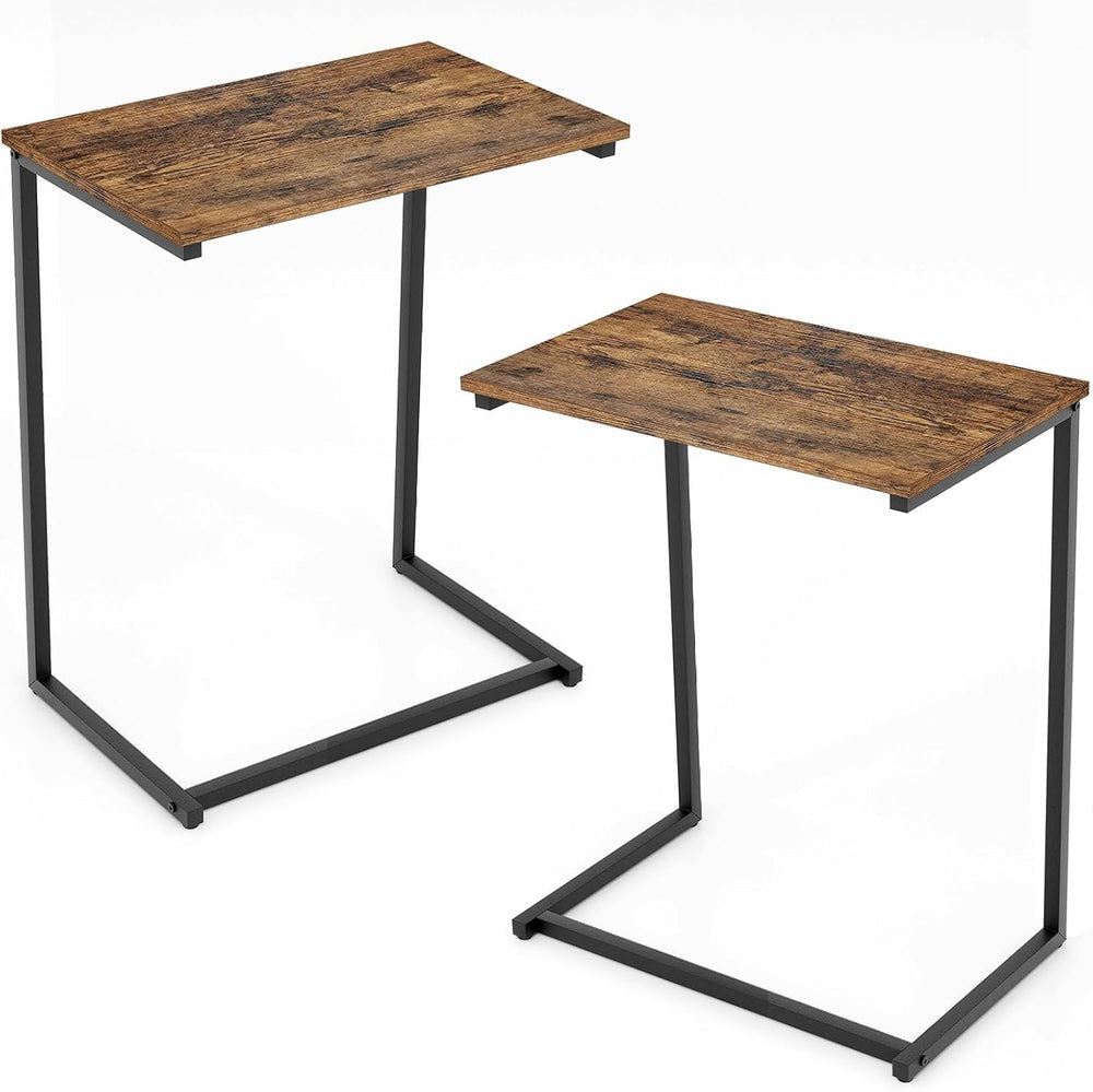 Tangkula C-Shaped End Table Set of 2, Rustic Brown