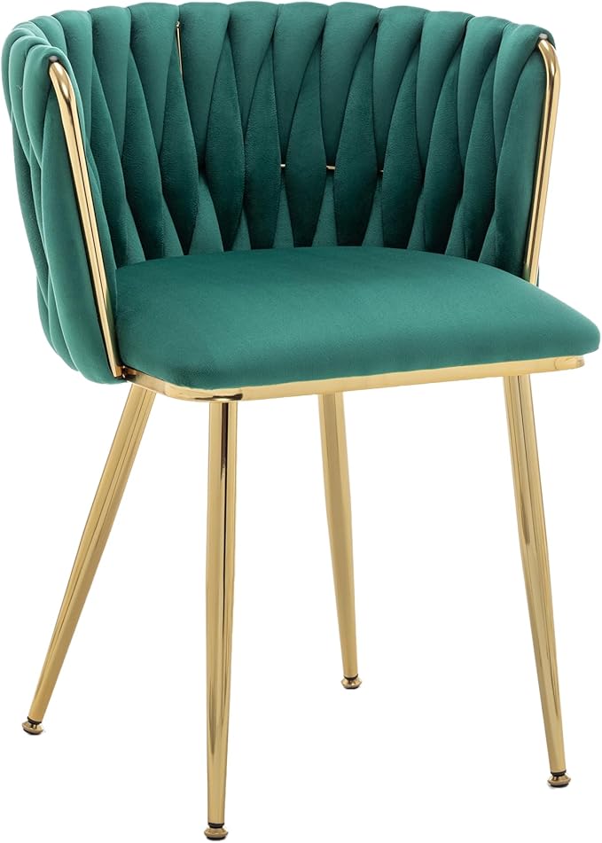 Kiztir Green Velvet Dining Chairs Set of 4 Upholstered Modern Dining Room Chairs with Woven Back and Gold Metal Legs for Living Room, Bedroom, Kitchen