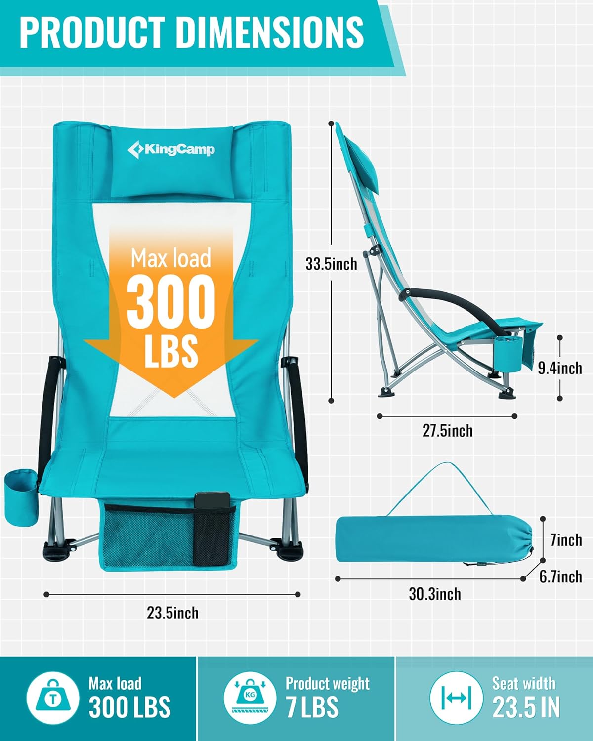 KingCamp Low Beach Chairs 2 Pack, Folding Portable Chair for Adults lightweight Extra Wide Ergonomic High Back Seat 300lbs Heavy Duty Oversized Gear with Carry Bag for Outdoor Lawn Camping Picnic