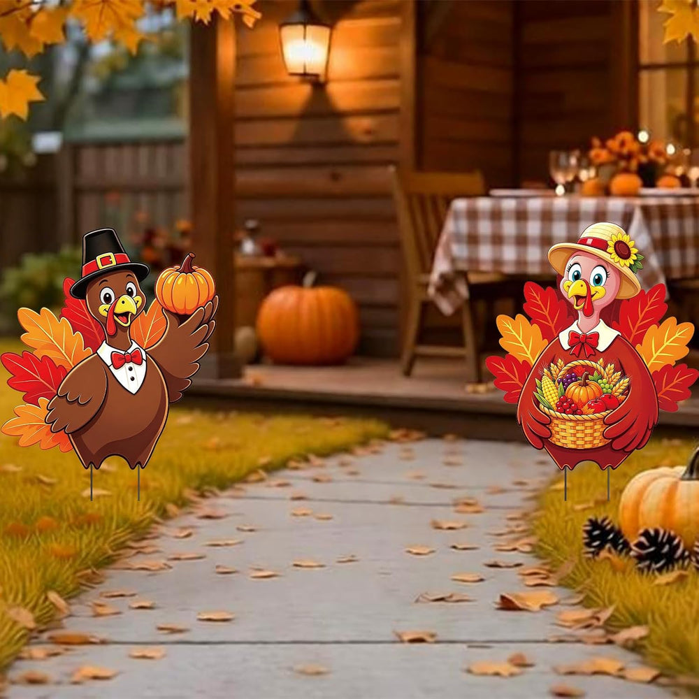 2 Pack Thansgiving Turkey Garden Stakes Metal Turkey Pumpkin Fall Yard Sign