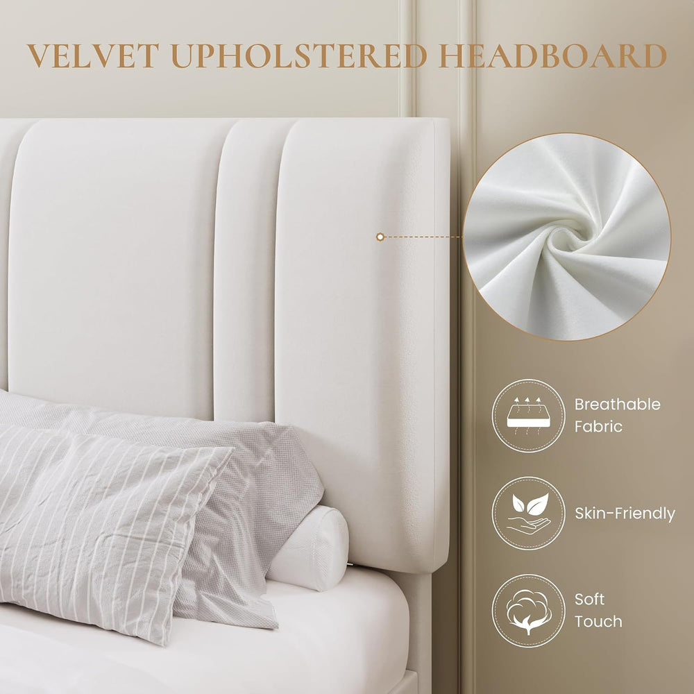 SHA CERLIN Queen Size Velvet Bed Frame with Adjustable Headboard, White