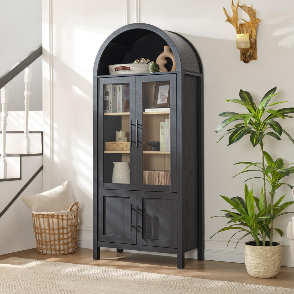 71" Tall Arched Display Cabinet with Glass Doors, 5-Tier Bookshelf