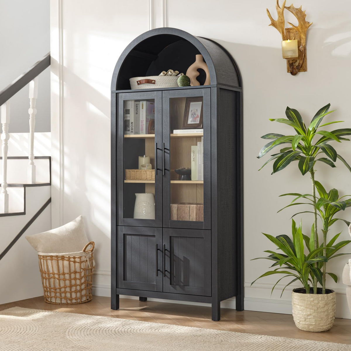 71" Tall Arched Display Cabinet with Glass Doors, 5-Tier Bookshelf