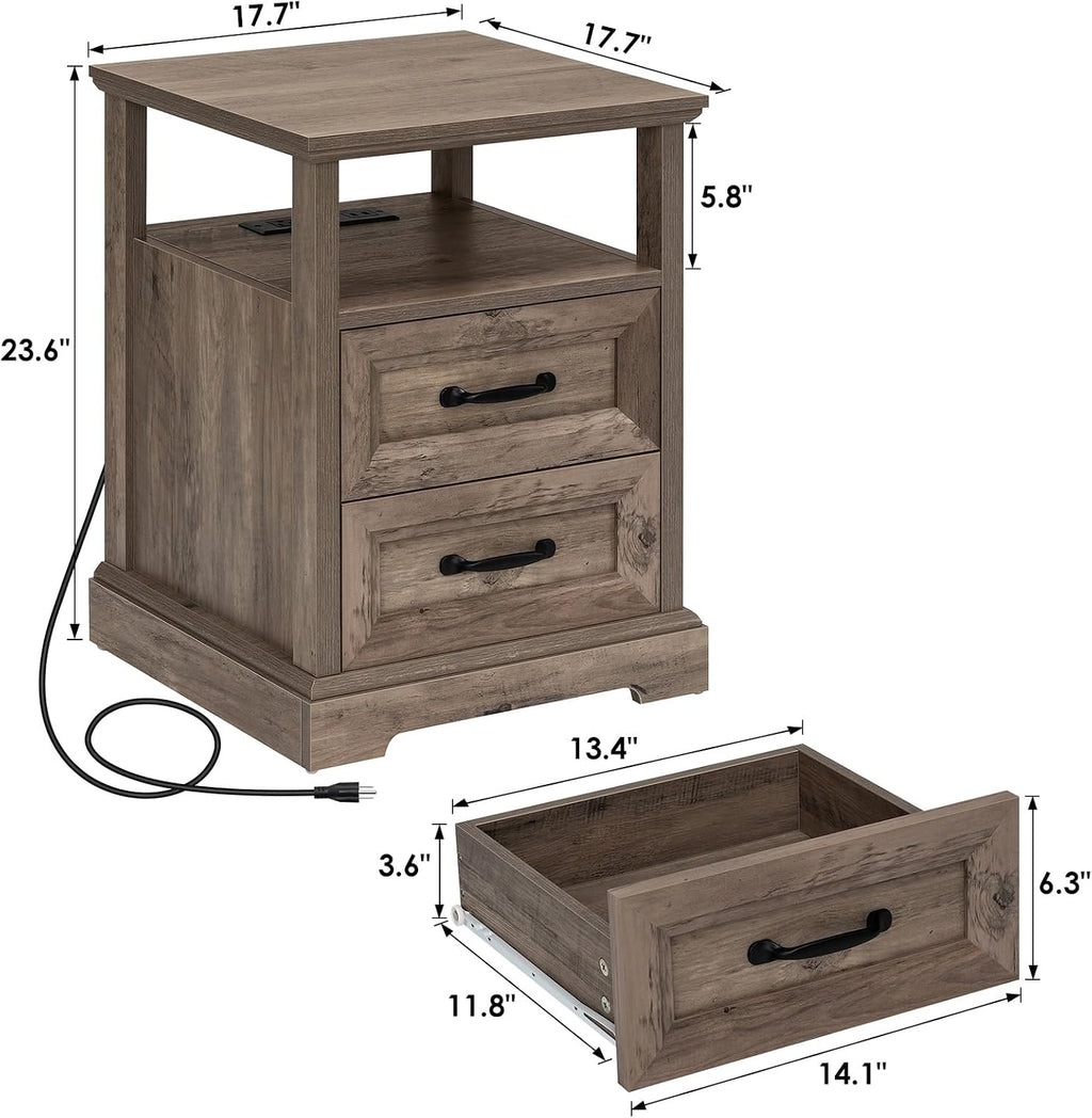 HOMMPA 18'' W Farmhouse Nightstand with Charging Station, Bedside Tables with Open Shelf, 2 Drawers End Table Dresser Side Table, Wood Night Stand for Bedroom, Rustic Greige