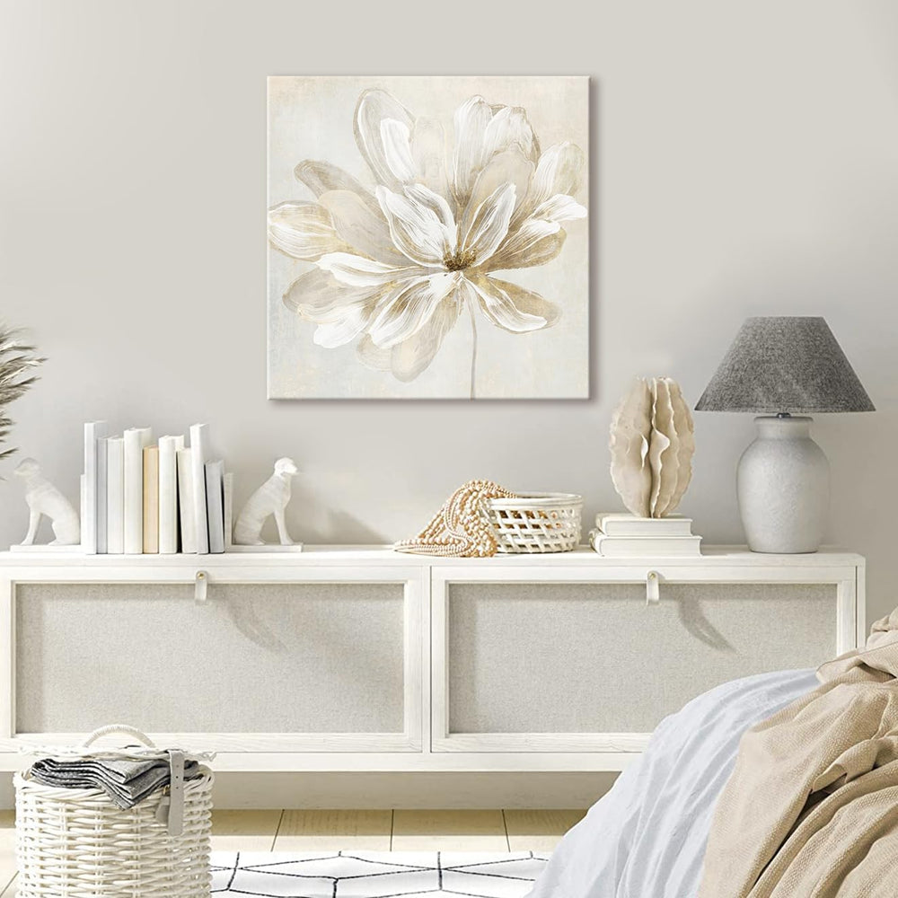 SEVEN WALL ARTS White Flower Wall Art Beige and Gold Blooming Flower Abstract...